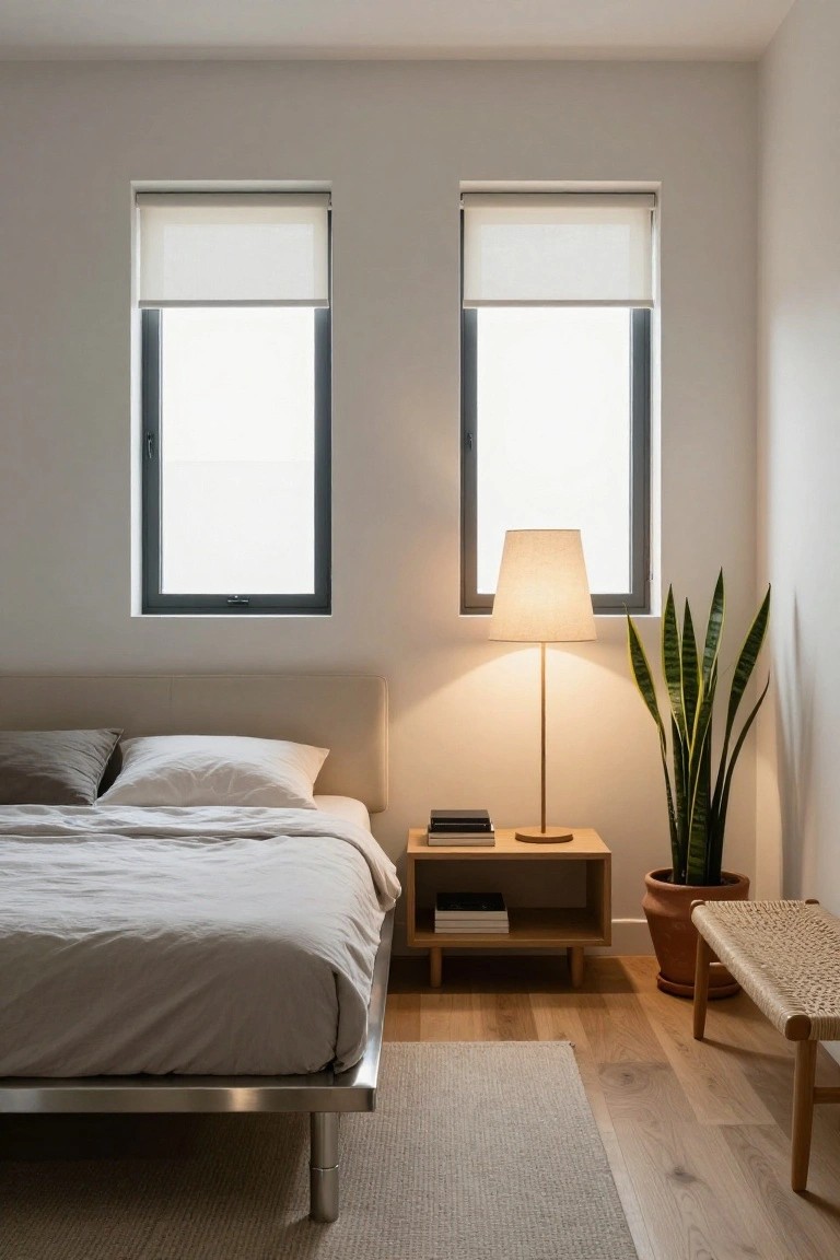 A minimalist bedroom with a low brushed metal platform bed on slim cylindrical legs, light gray bedding, an oak nightstand holding a lamp and books, a potted snake plant in a terracotta pot, a woven stool, beige roller shades on black-framed windows, light oak flooring, and a cream rug.