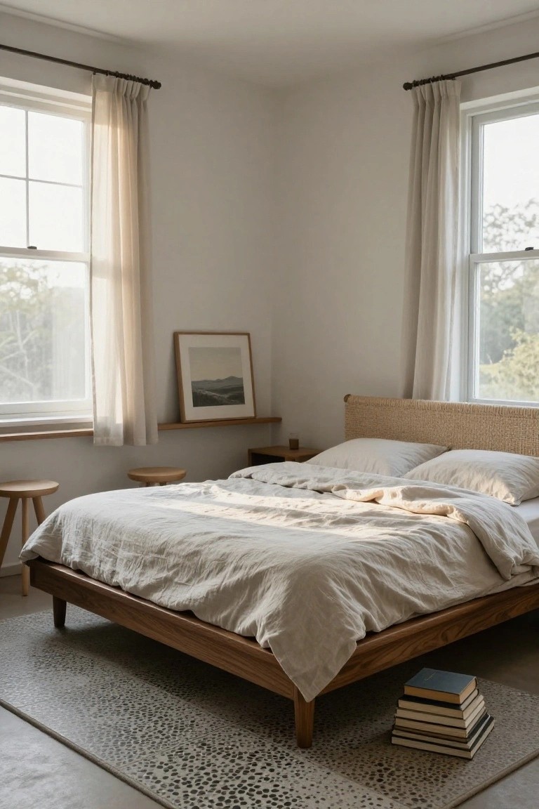Corner view of a minimalist bedroom with a low wooden platform bed featuring a rattan headboard, white linen bedding, sheer curtains on two large windows, wooden stools, a framed landscape print, and a stack of books on the floor next to a spotted rug.
