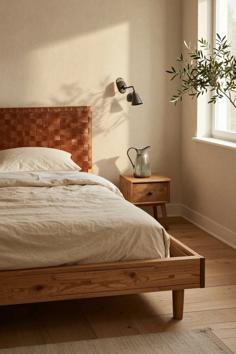 Minimalist bedroom with wooden bed, woven headboard, and soft natural light.