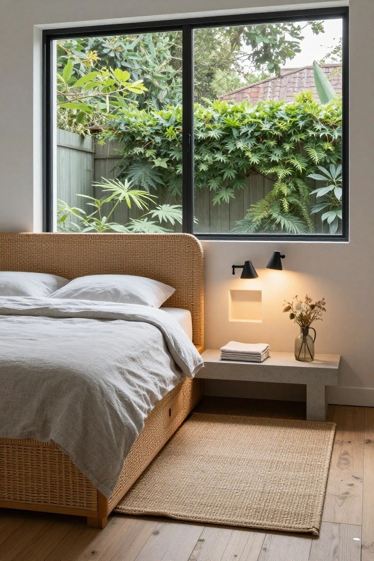 A minimalist bedroom with a beige woven rattan bed frame and headboard, white and gray linens, a concrete nightstand holding stacked white towels and a glass vase of dried flowers, black wall lamps, and a large black-framed window showing lush green plants and foliage outside.