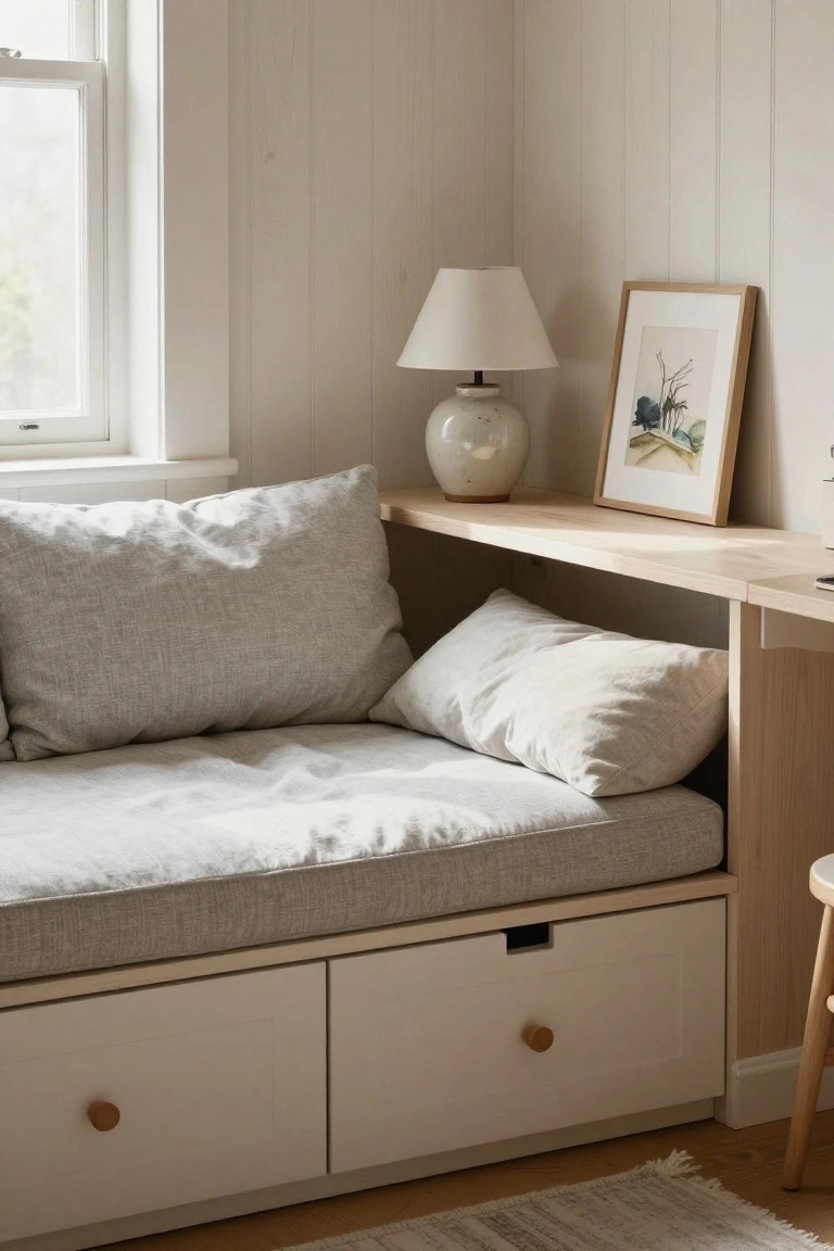 Corner indoor nook featuring a built-in low daybed with gray linen cushions and pillows, white drawers below, light wood shelf with lamp, vase, and framed artwork above, wooden desk extension, stool, and window with white trim against white shiplap walls.