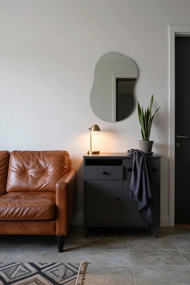 Tan leather sofa positioned next to a black sideboard topped with a gold lamp, gray towel, snake plant in gray pot, and irregular mirror on white wall, with patterned rug on tiled floor.