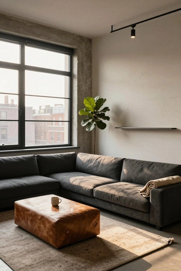Modern living room with dark sectional sofa, leather ottoman, and large window.