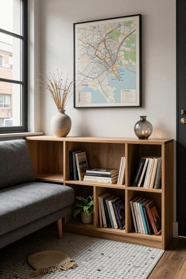 A gray low-profile sofa integrated with an oak open shelving unit in a modern indoor corner, featuring books on shelves, potted plants, dried branches in a vase, a wall map, window, and entry door.