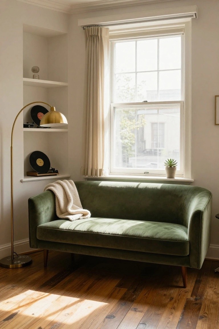 A green velvet curved loveseat with a white throw blanket sits in a sunlit corner living room next to white built-in shelves holding vinyl records and a gold arc lamp, with beige curtains on a large window and a potted succulent on the sill.