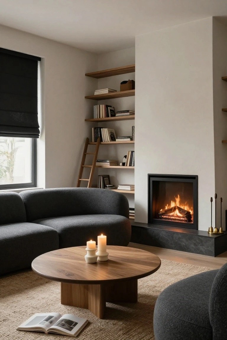 Modern living room featuring a curved dark gray sofa, low round wooden coffee table with white candles and open book, lit fireplace on black hearth, wooden bookshelves with ladder, black window shade, and gray pouf chair on light rug.