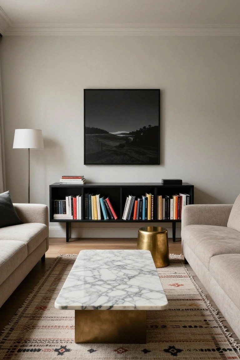 Modern living room with two beige sofas facing across a white marble coffee table on brass legs, gold stool nearby, black bookshelf unit with books, floor lamp, and black-framed landscape photo on light walls.