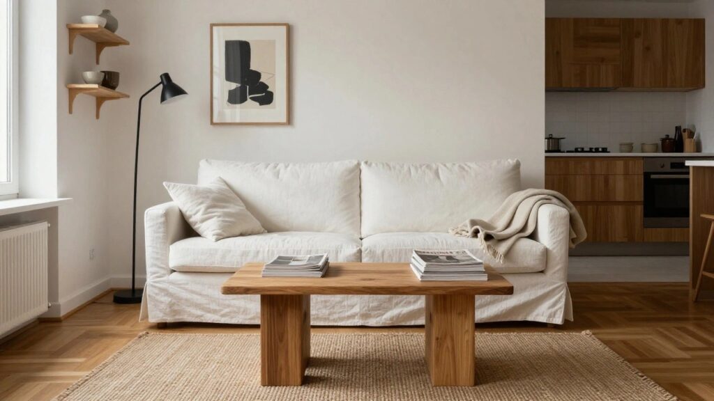 20 Modern Sofa Ideas for Apartments With Smart Layouts White slipcovered sofa with throw pillows and blanket in a minimalist apartment living room featuring wooden coffee table, oak parquet floors, neutral shelves with pottery, abstract wall art, and open gray kitchen in background.