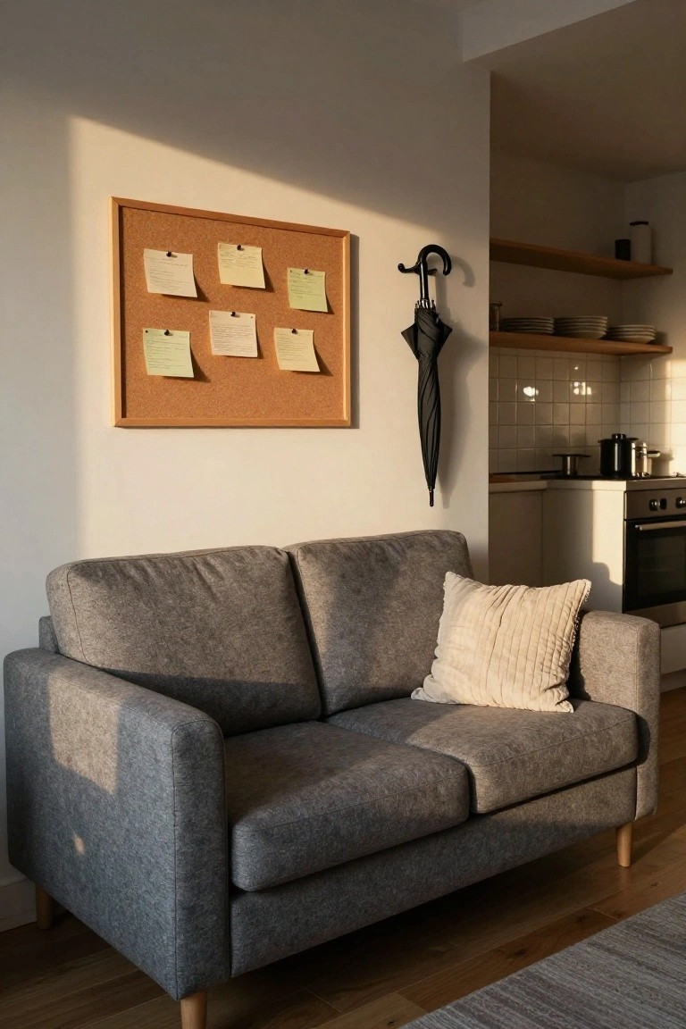 Gray two-seater sofa with wooden legs in a sunlit apartment living area next to an open kitchen, cork bulletin board on wall holding yellow sticky notes, and black umbrella on wall hook.