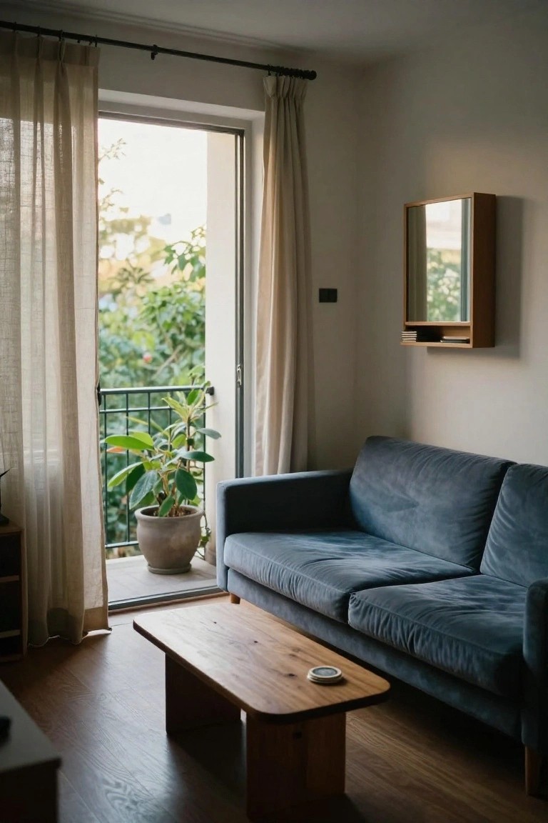 Apartment living room with blue velvet sofa facing open balcony doors to greenery, wooden coffee table, potted plant on balcony, beige sheer curtains, wall-mounted wooden mirror shelf, and hardwood floors.