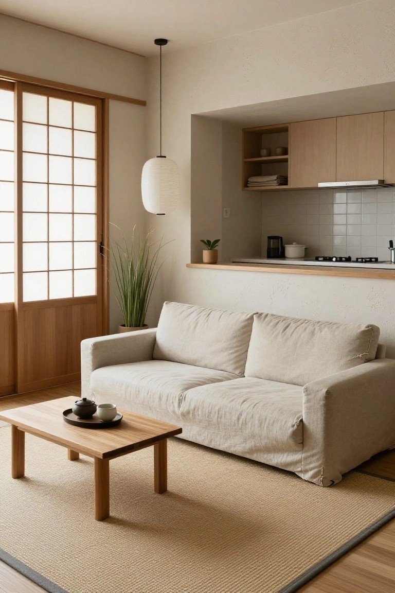 Beige linen-covered sofa on seagrass rug in front of wooden shoji screens, low wooden coffee table with teapot and cup, open kitchen counter with cabinets visible in background.
