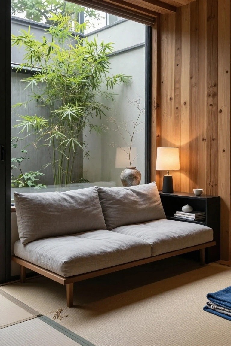 Low beige linen two-seater sofa on wooden legs in a wood-paneled room with tatami flooring, next to a black side table holding a lamp, teapot, and books, with a large window showing bamboo plants outside.