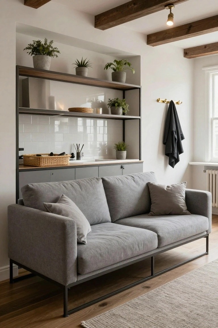 Gray fabric sofa with throw pillows positioned in front of a black metal shelving unit containing potted plants, baskets, candles, and a small sink with white subway tile backsplash, flanked by gray cabinets in a white-walled room with exposed wood beams and a hanging towel.