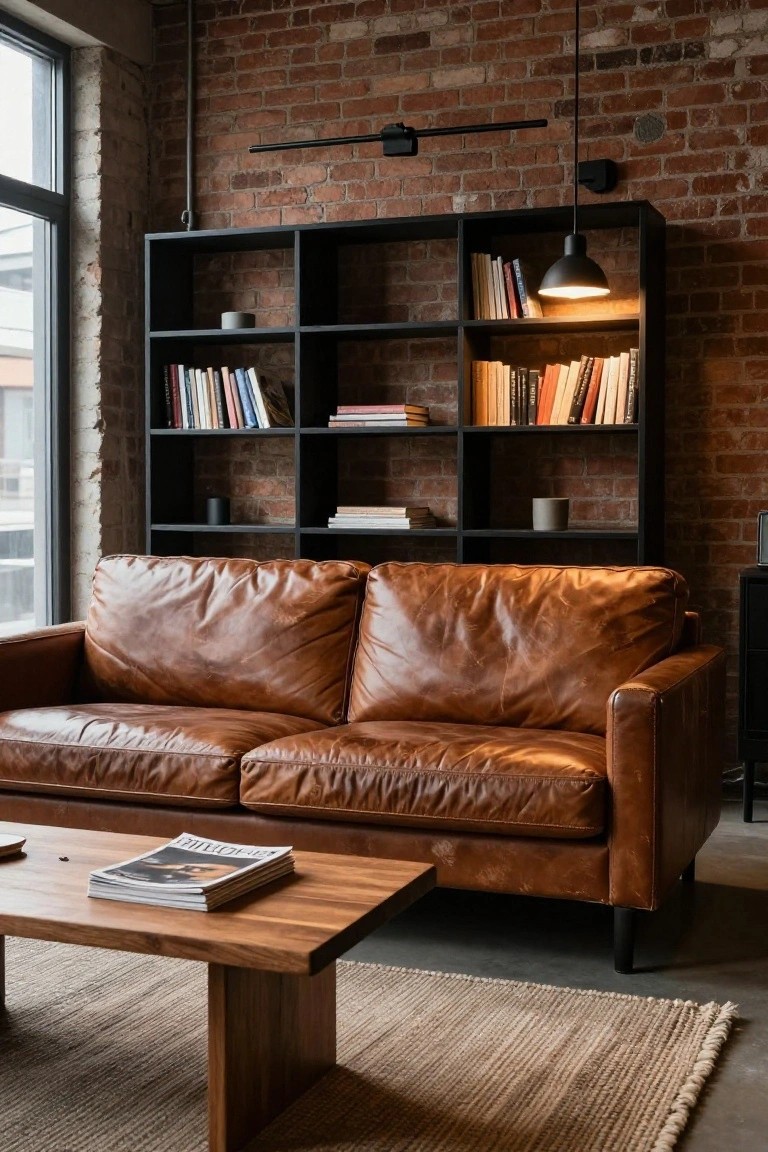 Tan leather sofa positioned in front of tall black modular bookshelves against an exposed brick wall in an industrial interior, with a wooden coffee table on a jute rug and pendant lights overhead.