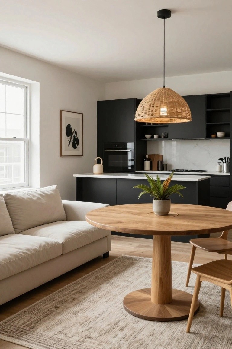 Apartment interior with cream sofa next to round wooden dining table, black kitchen cabinets, white countertops, rattan pendant light, and potted plants.