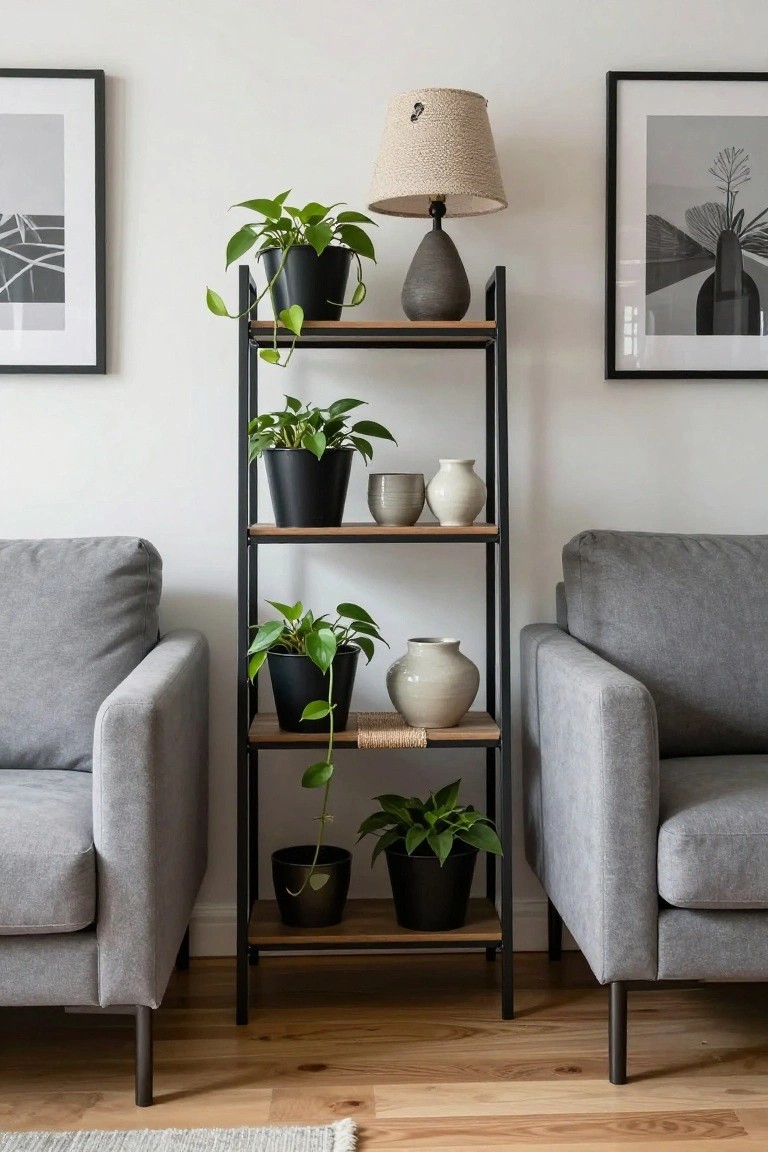 Tall black metal shelving unit holding potted green plants and ceramic vases positioned between two light gray armchairs in a living room with white walls, framed art, a lamp, and wooden flooring.