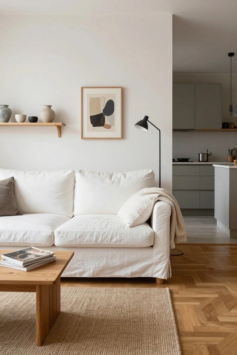 White slipcovered sofa with throw pillows and blanket in a minimalist apartment living room featuring wooden coffee table, oak parquet floors, neutral shelves with pottery, abstract wall art, and open gray kitchen in background.