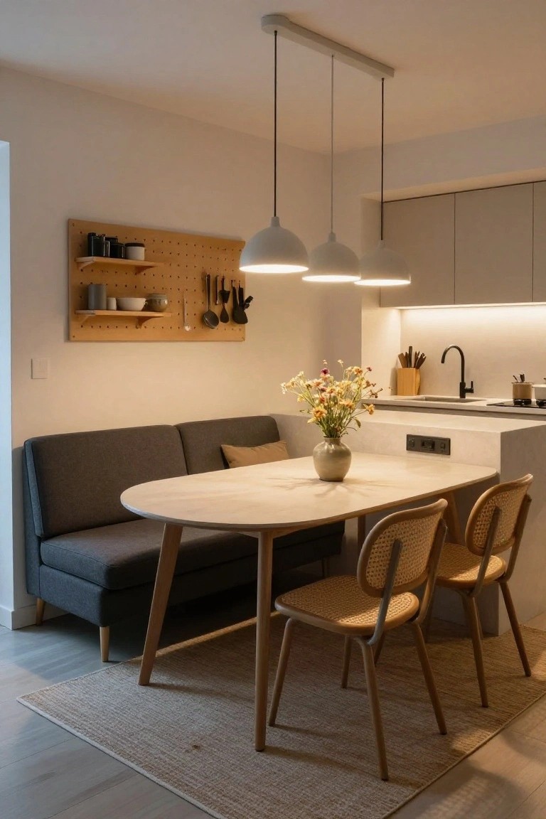 Compact apartment interior with gray sofa bench against white wall, oval light wood dining table, two rattan chairs, pendant lights overhead, wooden pegboard with utensils, and adjacent white kitchen counter with black faucet.