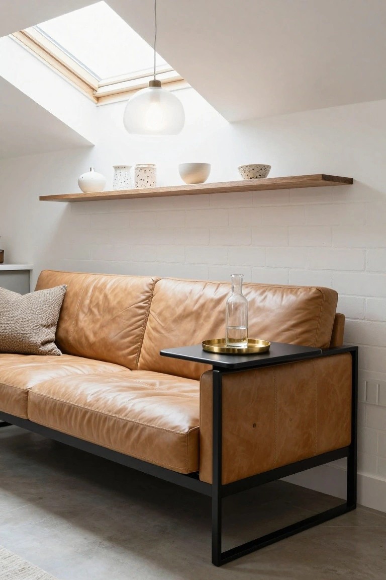 A tan leather two-seater sofa with black metal frame and integrated black side table topped with a gold tray and glass bottle, positioned against a white brick wall below wooden shelves holding white pottery in a room with sloped ceiling and overhead skylight.