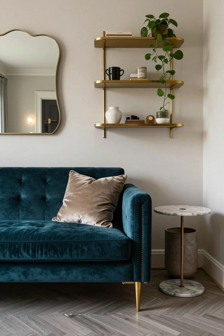 Corner of a living room with turquoise tufted velvet sofa on brass legs, gold wall shelves holding plants ceramics and books, curved gold mirror, marble pedestal side table, tall floor lamp with concrete base, and herringbone wood floor.