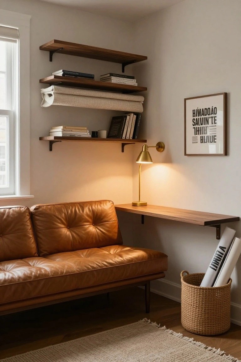 Corner of a room with tan leather loveseat sofa under wooden floating shelves holding books, linens, and mugs, a brass wall lamp lit, floating wood desk shelf, rolled magazines in wicker basket, beige rug on wood floor.