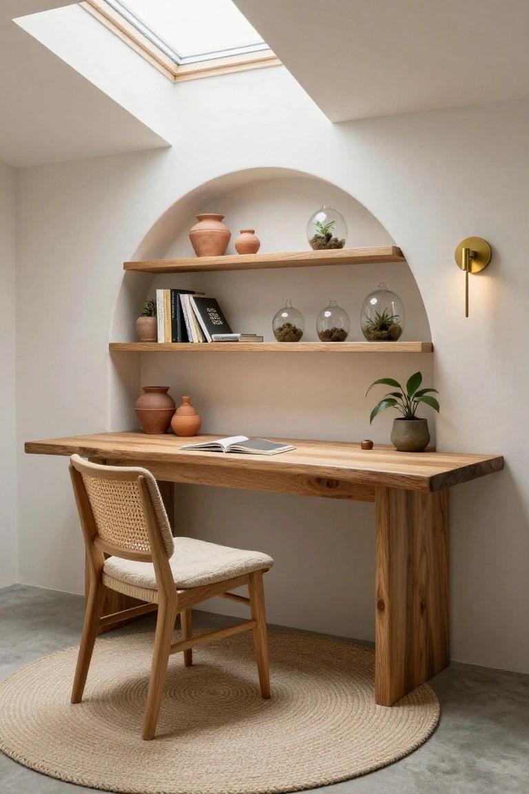 A white home office featuring a live-edge wooden desk with a rattan chair, an arched wall niche with multi-level wooden shelves displaying books, terracotta pots, and glass terrariums, a potted plant on the desk, a skylight above, and a seagrass rug on the concrete floor.