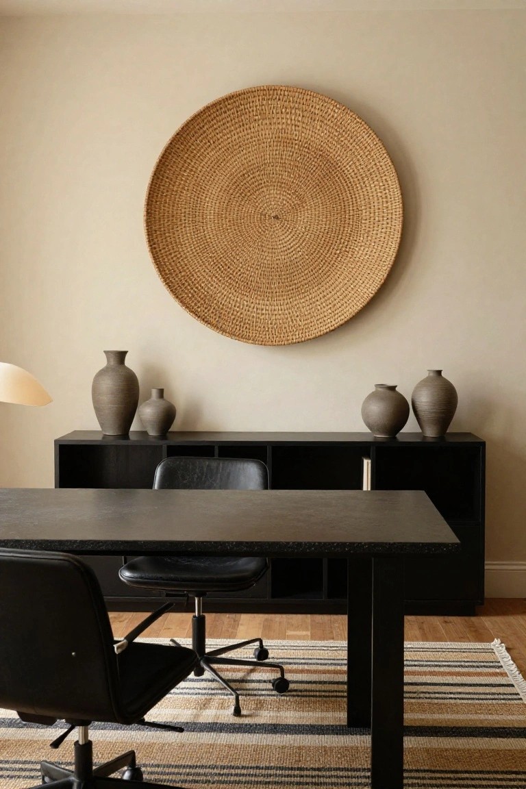A home office with black wooden desk, cabinets, and leather chairs against light beige walls, a large round woven basket hanging on the wall, ceramic vases on the cabinets, and a striped rug on wood floors.