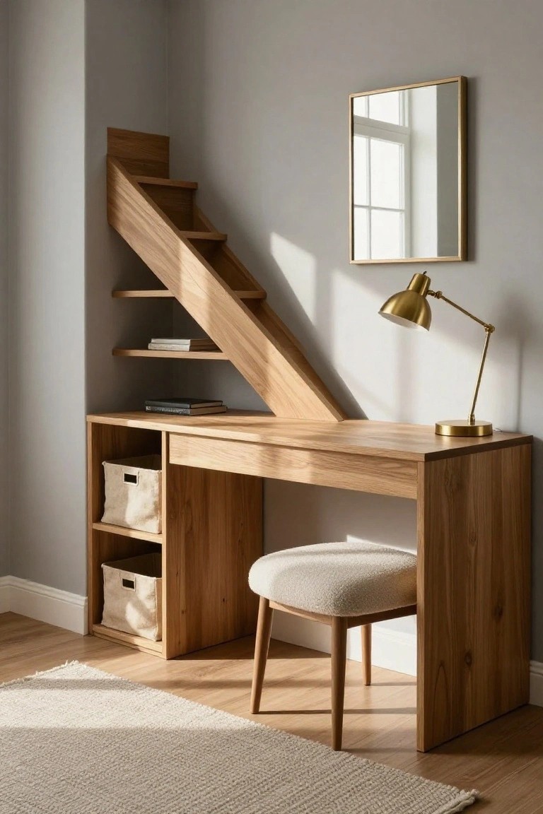 Wooden desk built into a corner under angled oak stairs, with shelves, fabric baskets, a cushioned stool, gold desk lamp, and mirror on a light gray wall.