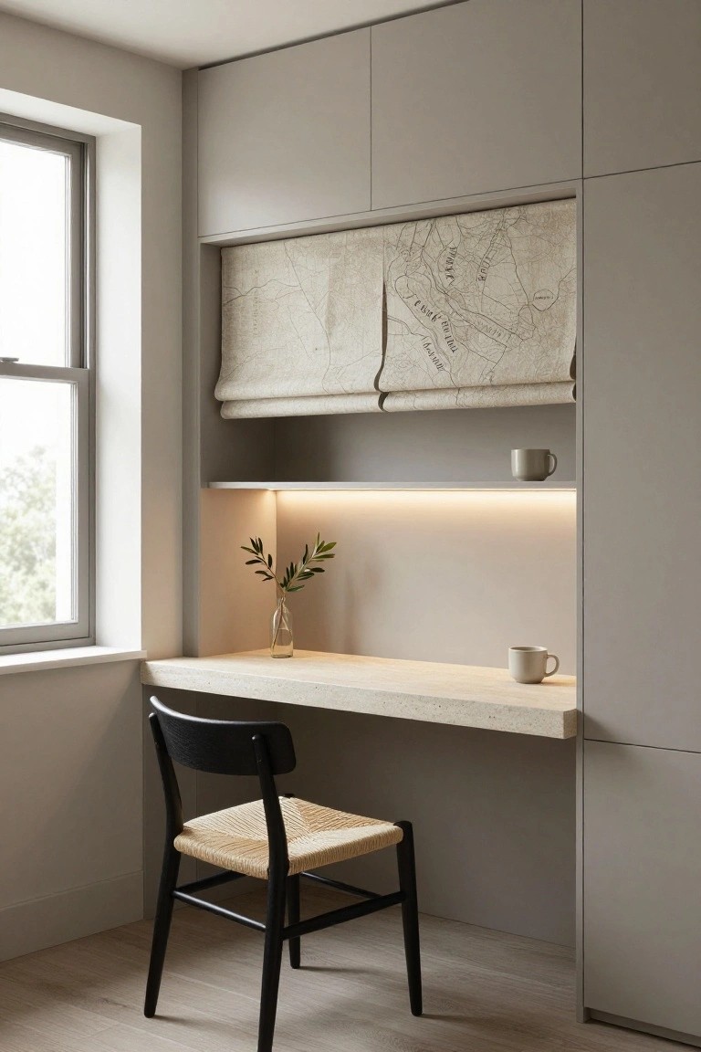 Corner home office with tall gray built-in cabinets, floating beige desk, black chair with woven seat, small vase of greenery, mug, and upper shelf with mug and rolled fabric map blind next to a window.