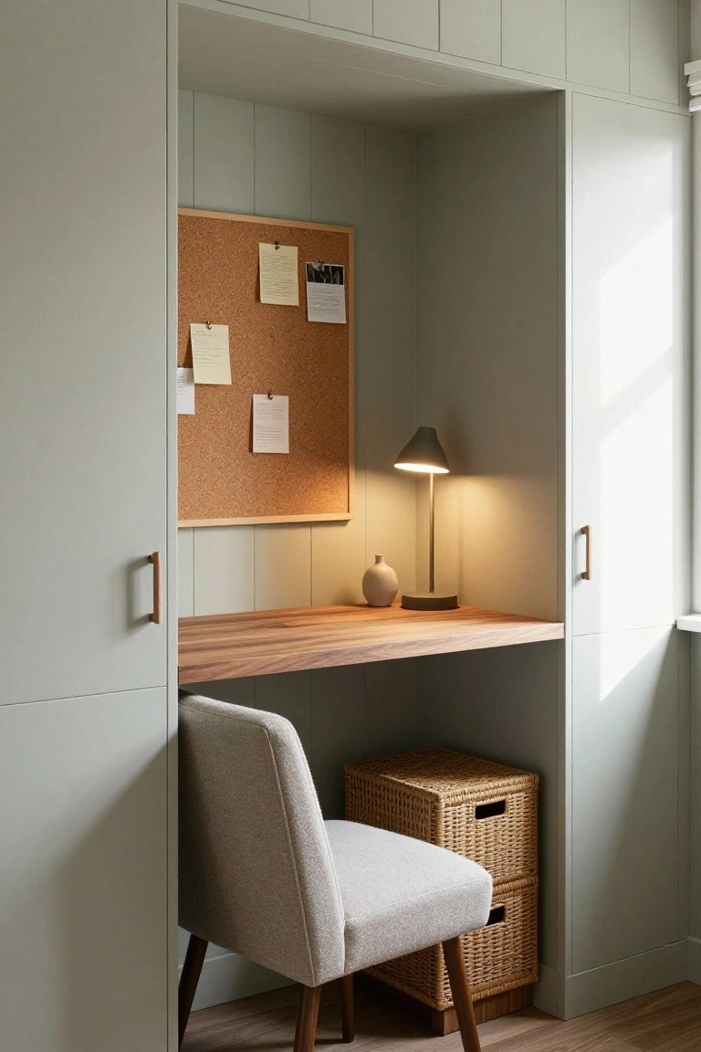 Sage green wardrobe alcove with open doors revealing a built-in wooden desk, corkboard above, cone lamp, ceramic vase, upholstered chair, and stacked wicker baskets.