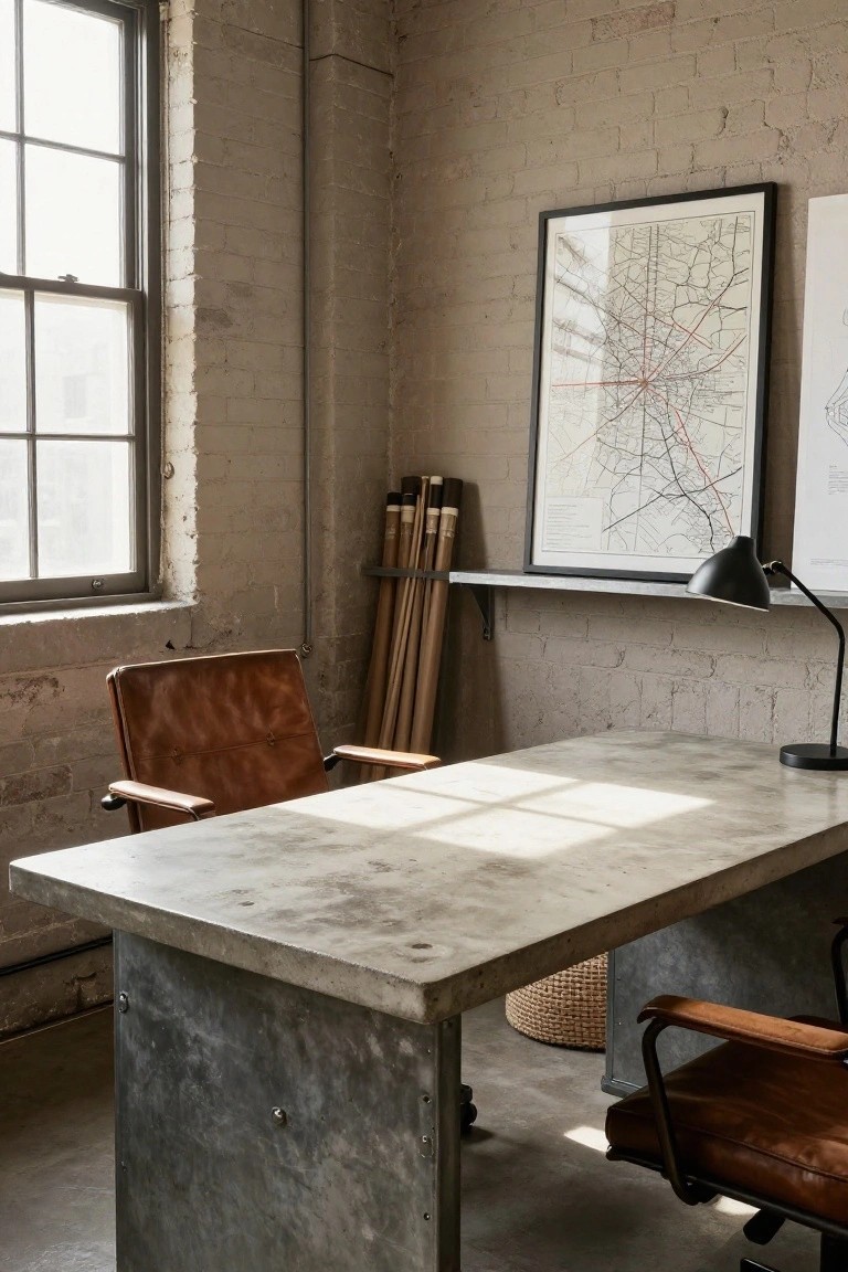 Sunlit home office with exposed brick walls, large raw concrete desk, two leather armchairs, framed city map on wall, desk lamp, and wooden tubes on metal shelf.