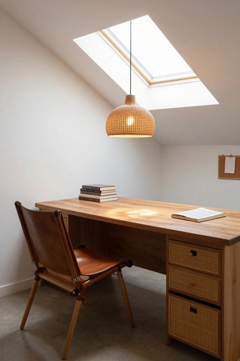Attic home office with sloped white ceiling, skylight, hanging rattan lamp, light oak desk with rattan-fronted drawers, brown leather chair, stacked books, and open notebook on desk.