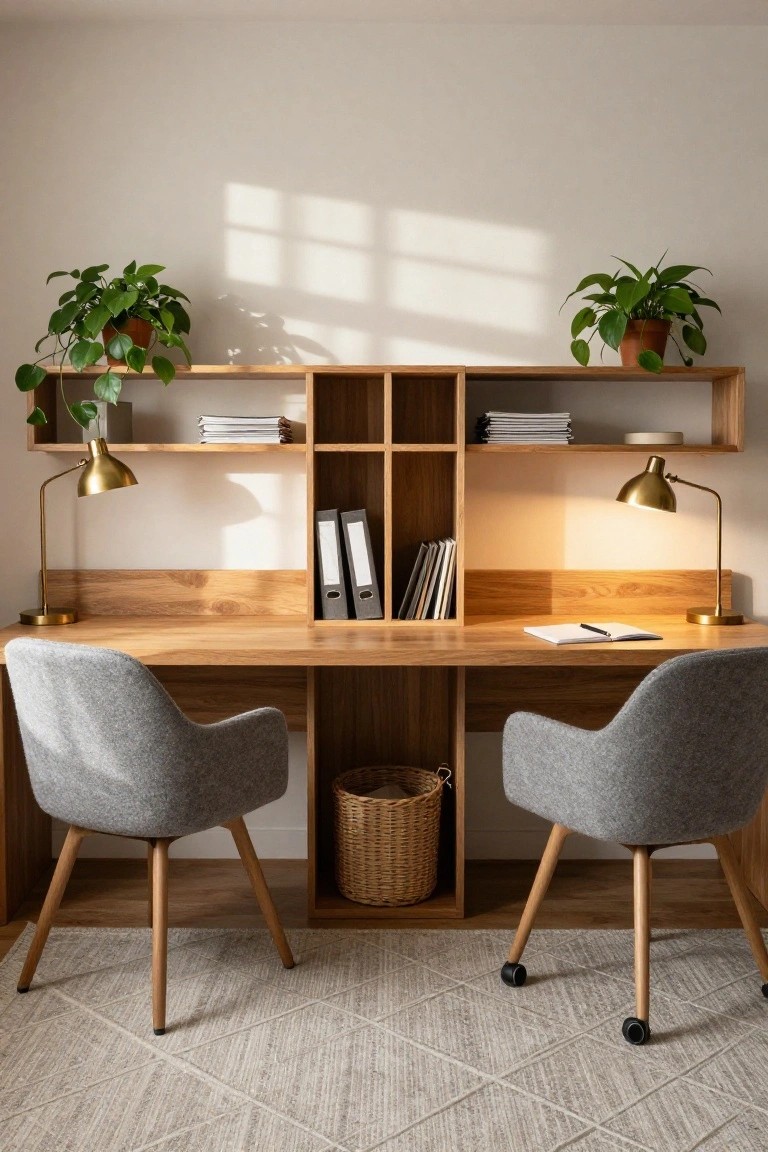 A neutral-toned home office with a central wooden double desk, two gray upholstered swivel chairs, overhead open wooden shelving holding books and files, potted plants, brass lamps, and a woven basket below the desk.