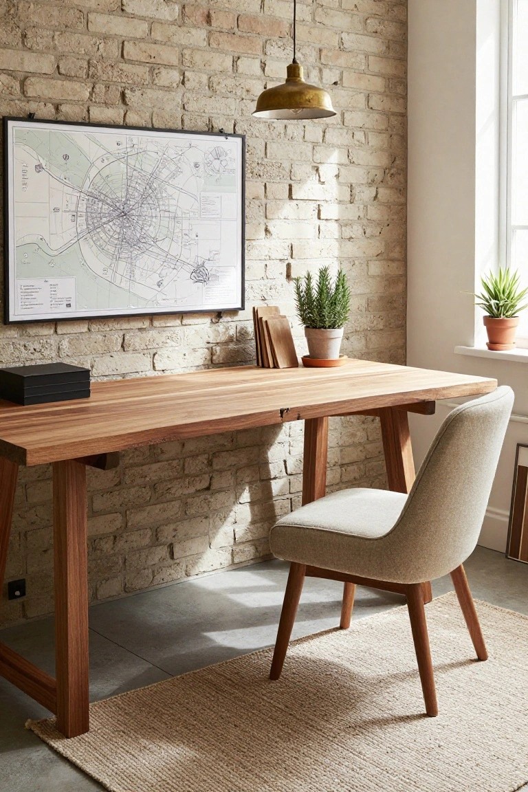 Home office with exposed beige brick wall, wooden trestle desk, cream upholstered chair, potted plants, books, black box on desk, large framed city map on wall, brass pendant light overhead, window with plant on sill.