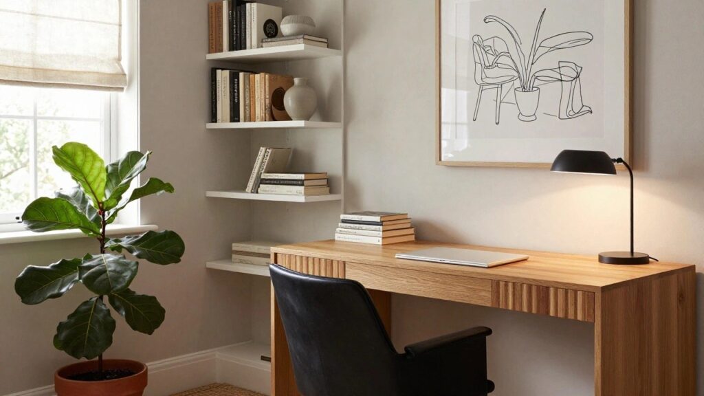 20 Neutral Office Ideas That Always Stay in Style Home office corner with light oak desk, black leather chair, adjustable desk lamp, white bookshelves holding books ceramics and potted plants, linen roman shade on window, and line art on wall.