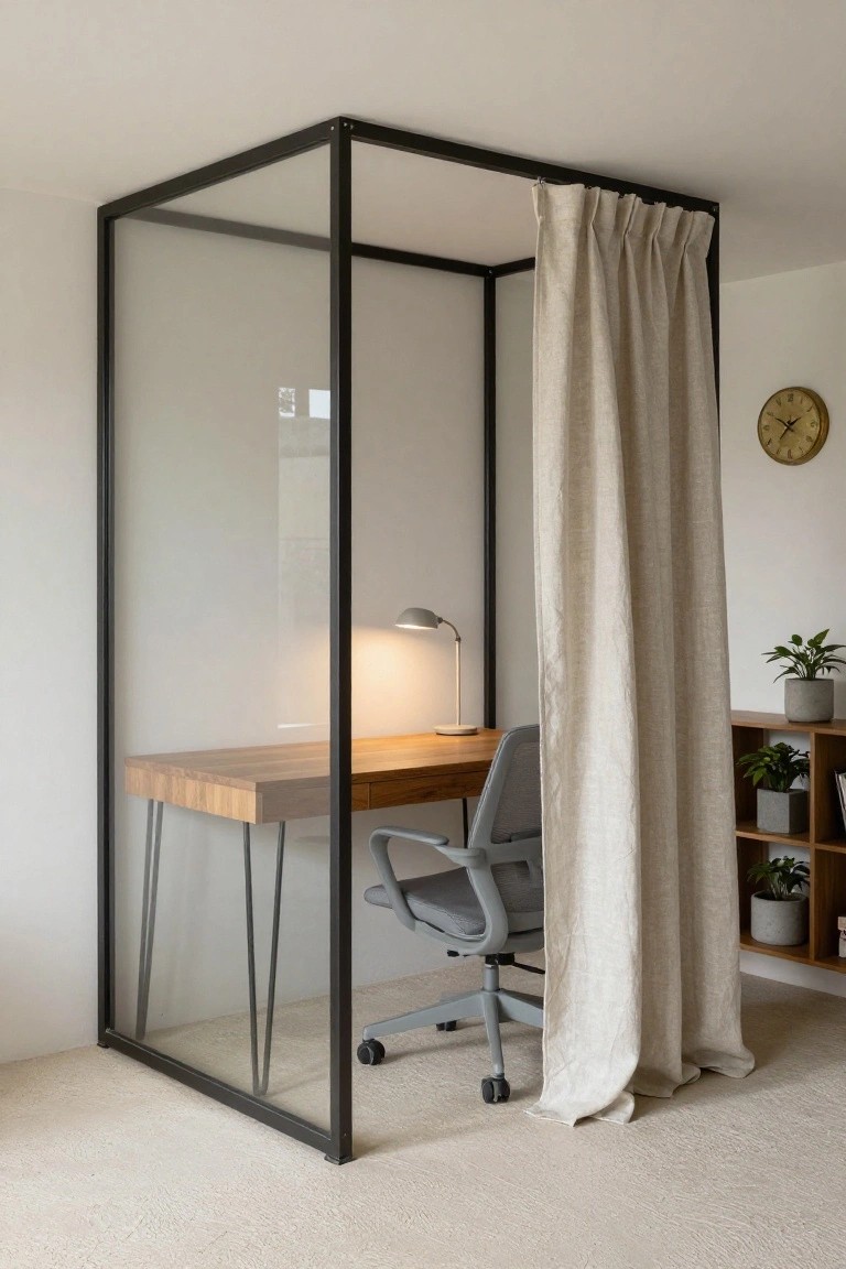 A corner home office booth with black metal frame and clear glass panels on three sides, open front with beige linen curtain, wooden desk on hairpin legs, gray office chair, desk lamp, clock on wall, plants, and bookshelf nearby in a light room with beige carpet.