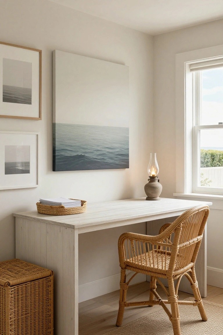 White wooden desk with woven basket on top and rattan chair pulled up in a light neutral home office corner, ceramic lamp nearby, seascape artwork on walls, window with blinds and greenery view.