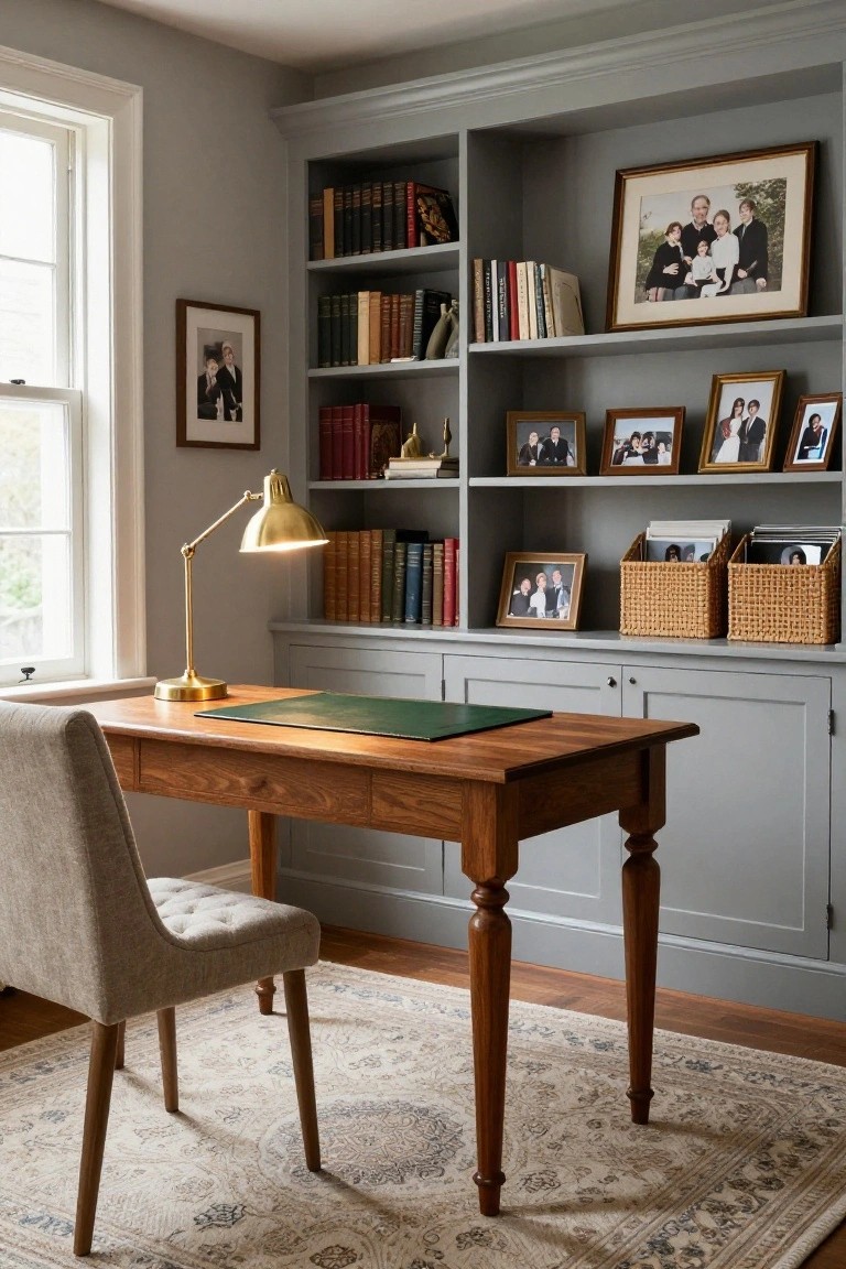Home office featuring light gray built-in bookshelves and cabinets filled with books, framed photos, and baskets, with a wooden desk topped in green leather, a gray upholstered chair, and a patterned rug.