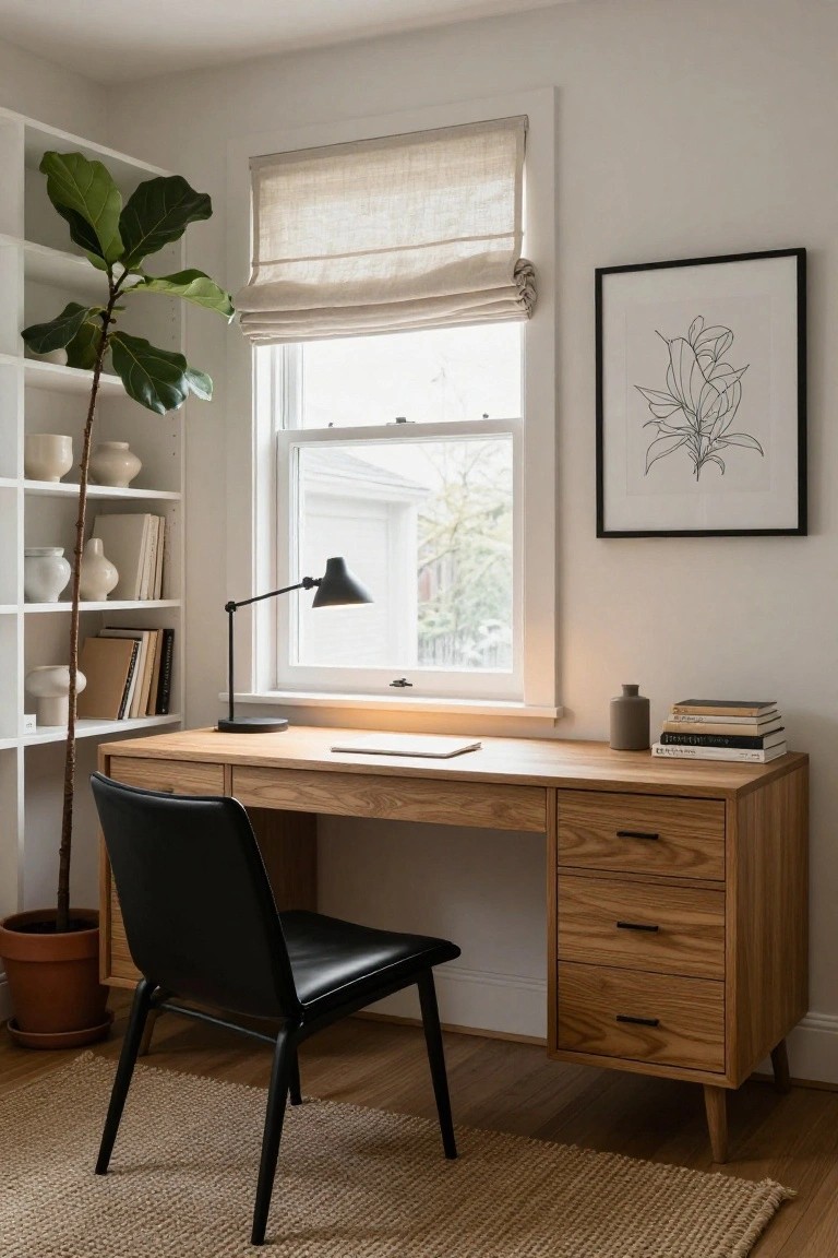 Home office corner with light oak desk, black leather chair, adjustable desk lamp, white bookshelves holding books ceramics and potted plants, linen roman shade on window, and line art on wall.