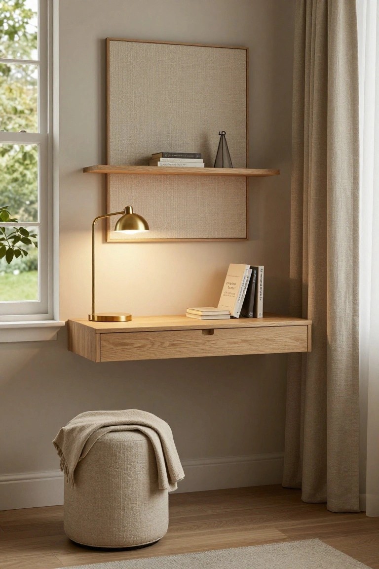 Wall-mounted light oak desk with drawer in a neutral room corner, upper oak shelf holding books and glass sculpture, fabric-covered bulletin board above, gold desk lamp lit, and cream fabric pouf stool on wood floor beside window with cream curtains.