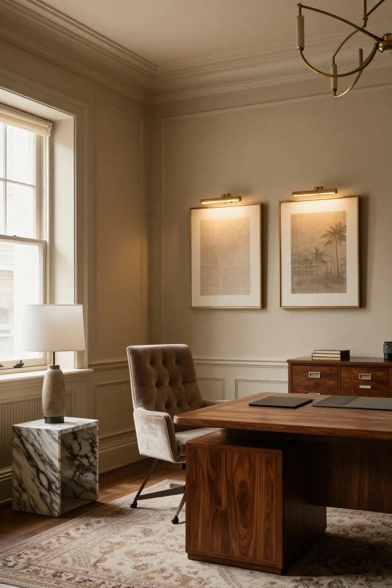 Beige paneled office room with large walnut executive desk, tufted velvet armchair, marble side table with lamp, framed artwork on walls, and window with blinds.