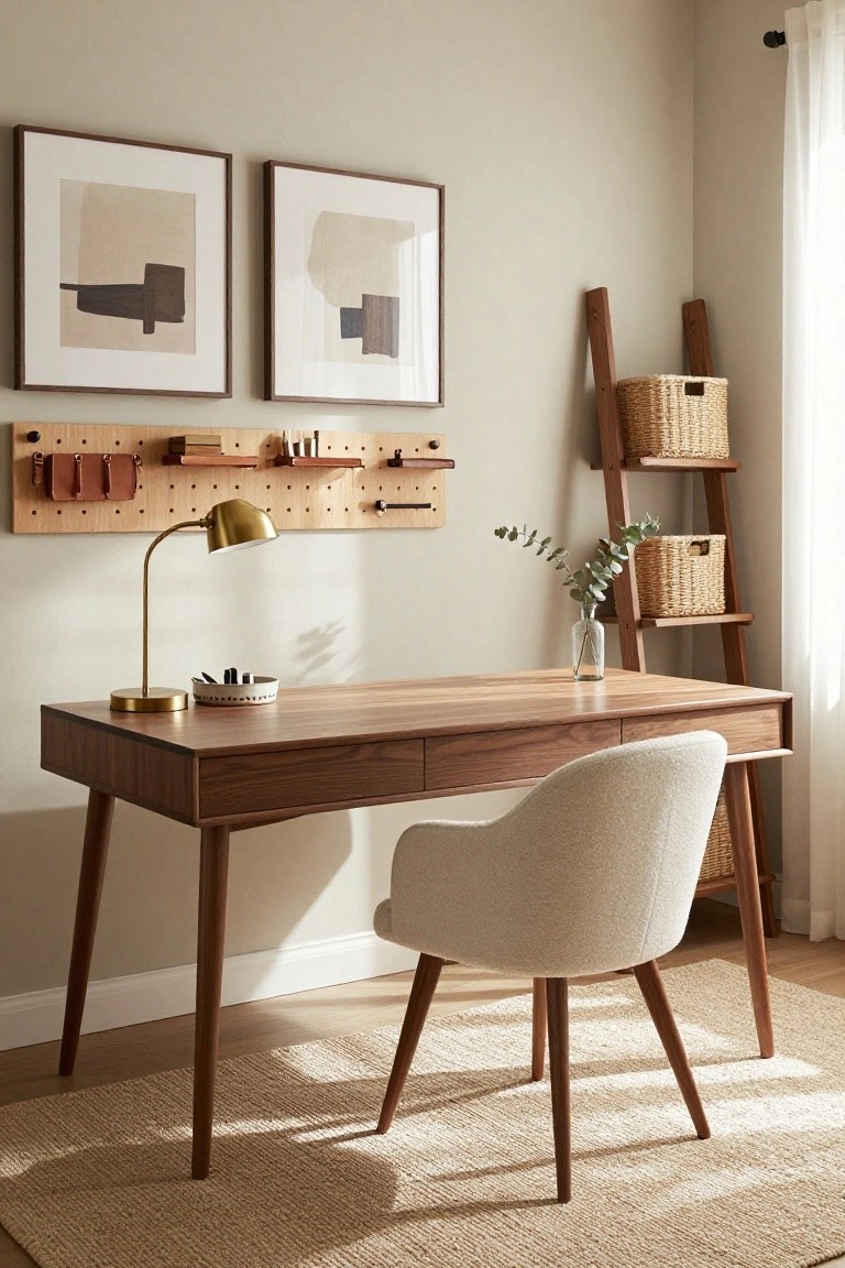 Home office corner in beige tones with walnut desk, cream upholstered chair on tapered legs, gold desk lamp on wood pegboard wall with organizers, leaning wooden ladder shelf with wicker baskets and eucalyptus, and two neutral abstract framed prints.