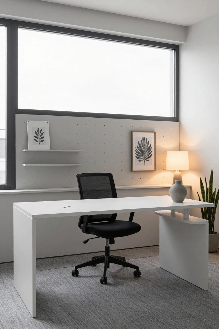Modern home office corner with white asymmetric desk, black mesh office chair on wheels, pegboard wall with floating shelves and framed leaf artwork, large window, ceramic lamp, and potted snake plant on a gray carpet.