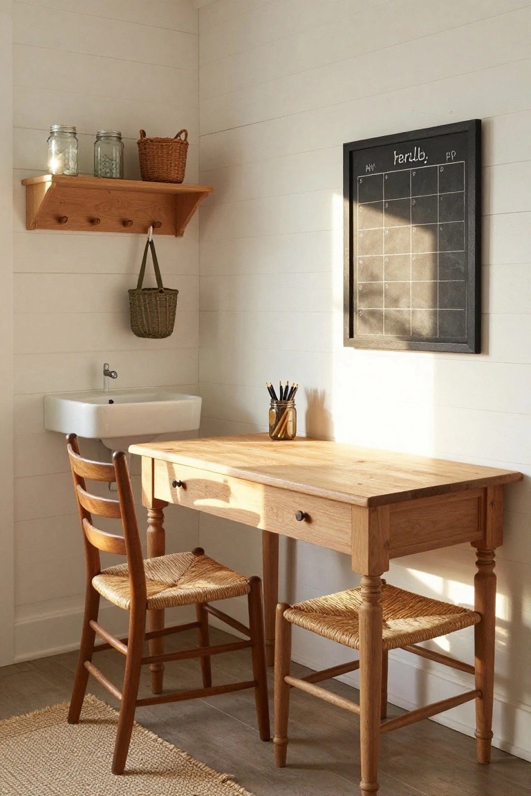 Cozy office corner with light wooden desk and two rush-seat wooden chairs, white shiplap walls, wooden wall shelf holding glass jars and woven basket, wall-mounted sink, pencils in jar, and framed chalkboard calendar.