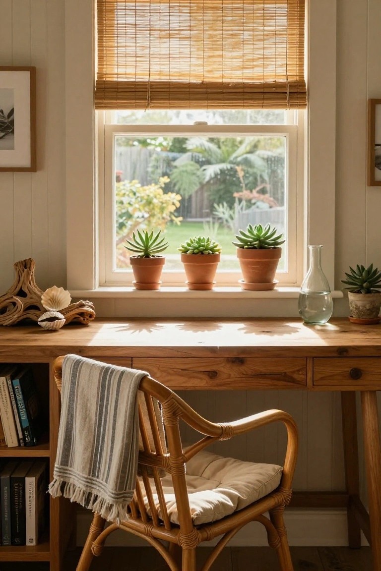Home office with light wooden desk, rattan chair draped in striped throw, potted succulents on windowsill above desk, bamboo blinds, and bookshelves beside.