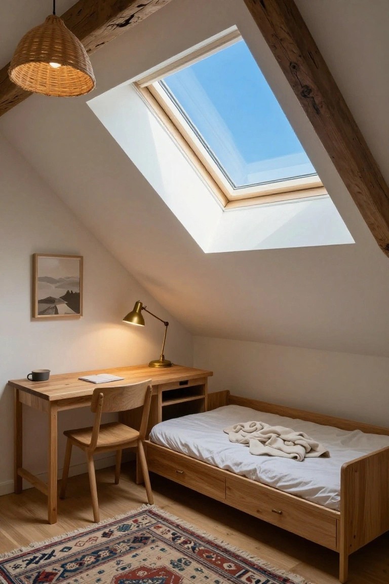 Small attic room featuring wooden desk with chair and mug next to wooden single bed with white sheets and beige blanket, under sloped white ceiling with skylight, exposed wooden beams, rattan pendant lamp, and patterned rug on wood floor.