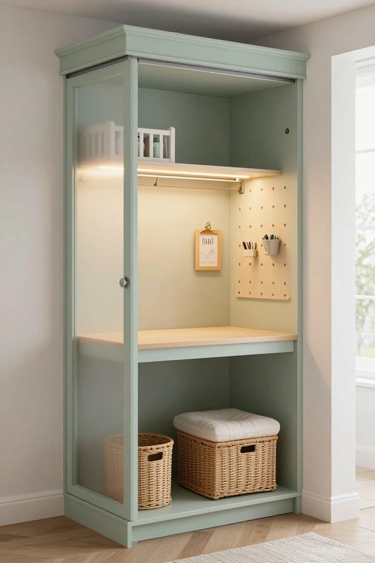 Tall mint-green wooden cabinet with glass sliding doors, internal LED lighting, upper shelves with white organizers, central wooden desk surface, pegboard panel with clips and cups, and lower wicker baskets on a light wood floor.