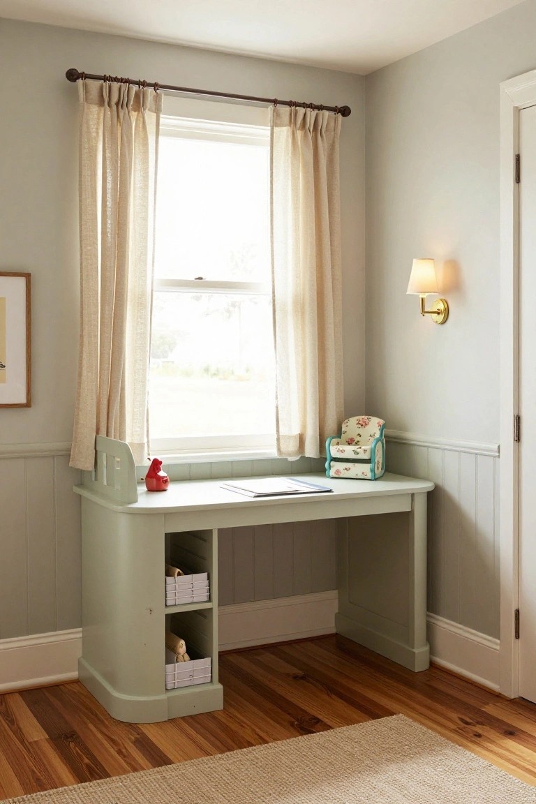 Sage green child-sized desk with slatted back panel and open lower cubbies holding white boxes, positioned in a light gray room with wainscoting beside a window draped in beige curtains.