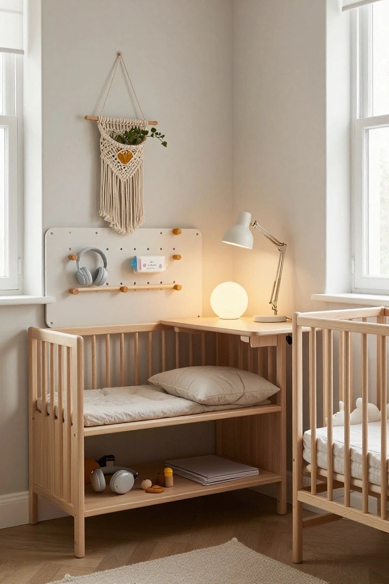 Corner nursery room with light wood crib integrated into a desk and lower shelf unit, white pegboard wall with gray headphones and blue wipes holder, desk lamp, and macrame plant hanger on beige walls.