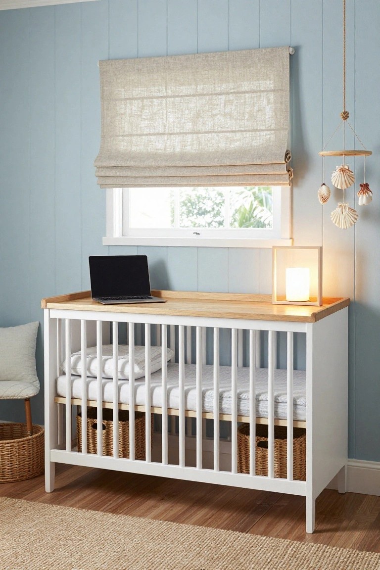 White wooden crib with light wood top shelf holding closed black laptop and square lamp, in pale blue paneled room with linen blind on window, seashell mobile, and baskets underneath.